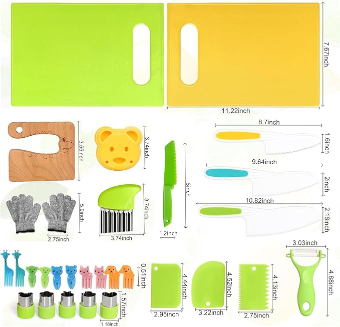 29PCS Kitchen Tools for Toddlers Kids Cooking Sets Safe Knife Set for Real Cooking Include Toddler Knives Cutting Board Bear Sandwich Cutter Fruit Crinkle Cutter Peeler Gloves Fruit Forks for Birthday