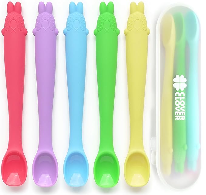 Silicone Baby Feeding Spoons-First Stage, Bendable Utensils for Infant & Parent-Baby Led Weaning, Toddler Self-Feeding & Training-Soft-Tip, Chewproof Teether l 4 Months + [5 Pack with a Portable Case]