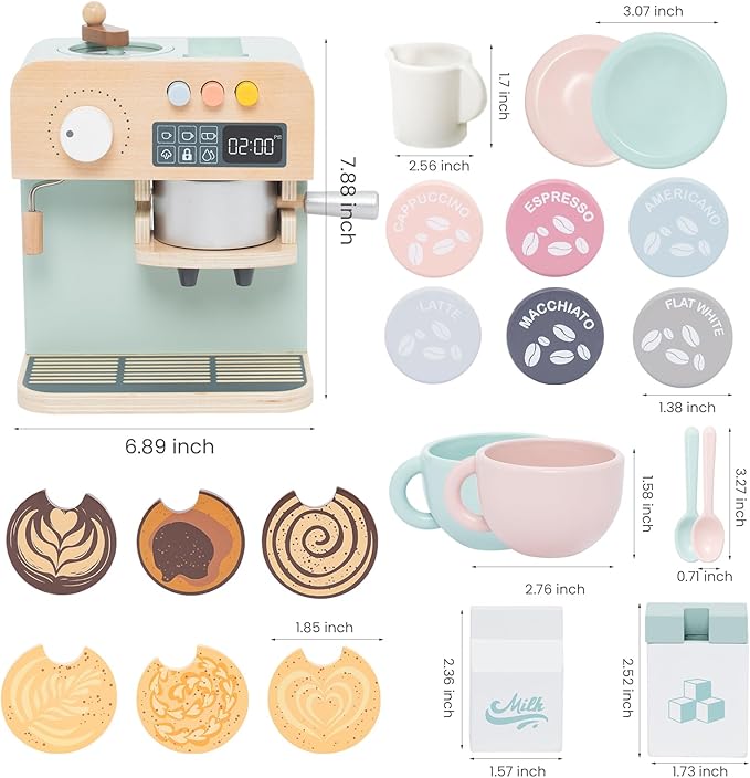 Kids Coffee Maker Playset, 23PCS Wooden Kitchen Toys, Play Kitchen Accessories for Toddler, Espresso Machine Playset Montessori Kitchen Toy, Gift for Boys and Girls 3 4 5 Years