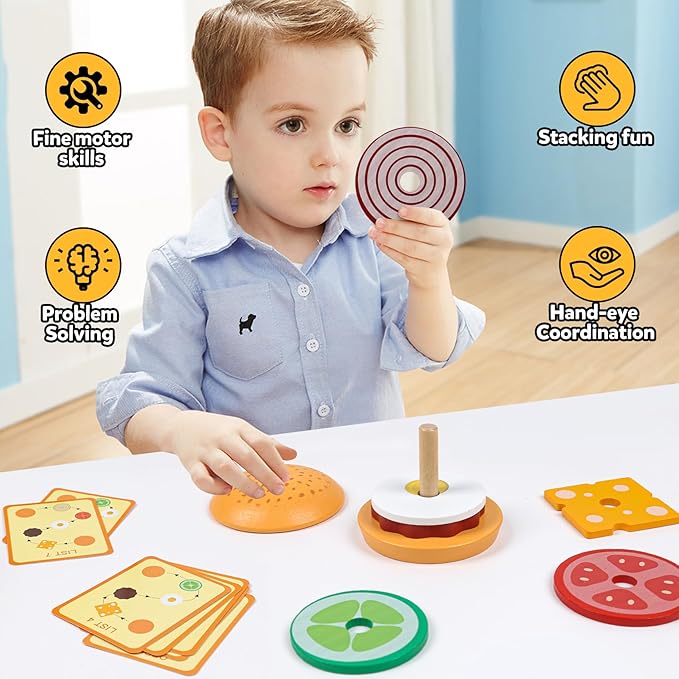 Kizh Wooden Burger Sorting Stacking Toys for Toddlers Preschool Montessori Educational Toys Fine Motor Toys for Kids Boys Girls