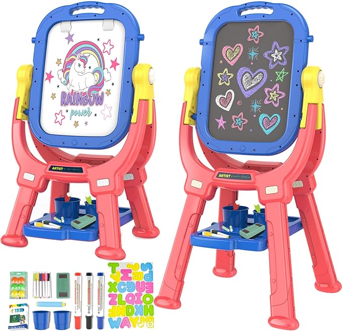 Victostar Easel for Kids, Rotatable Double Sided Adjustable Standing Art Easel with Drawing & Writing Accessories for Kids Boys and Girls (Red Blue)
