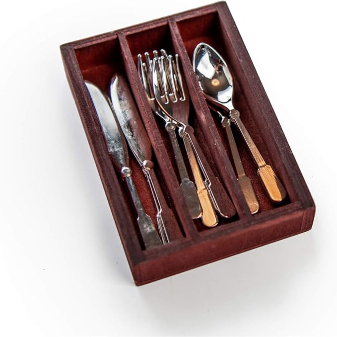 The Queen's Treasures 18 Inch Doll Kitchen Food Accessories,13 Piece Colonial Flatware Utensil Set, 4 Knives, 4 Forks, 4 Spoons, and Wooden Silverware Tray. Compatible For Use With American Girl Dolls