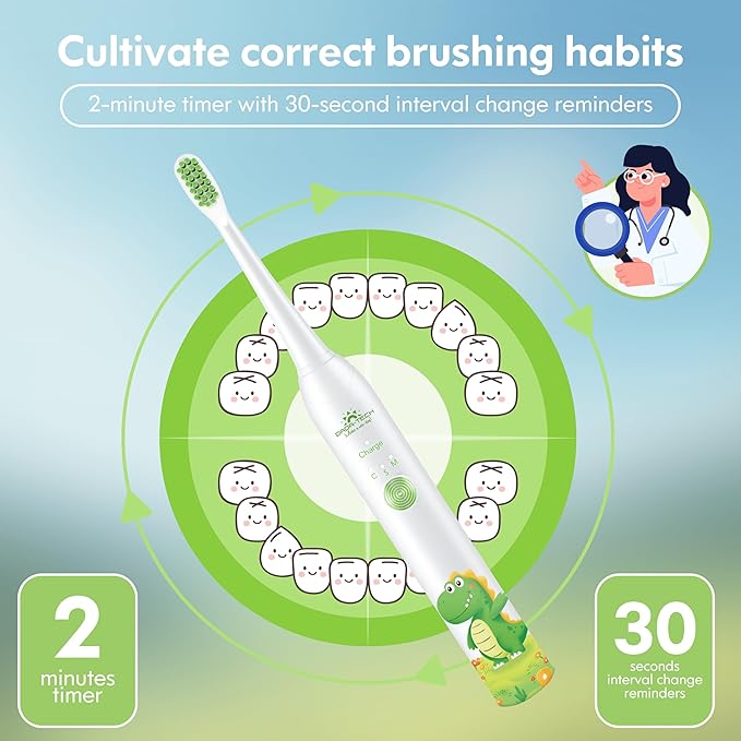 Kids Electric Toothbrush Rechargeable Age 3-5-6-12-18 Year Old, Dinosaur Toothbrush for Kids with Timer 3 Modes 4 Vibrating Heads Habit Stickers 31000VPM Boys Electric Toothbrush (Dinosaur White)