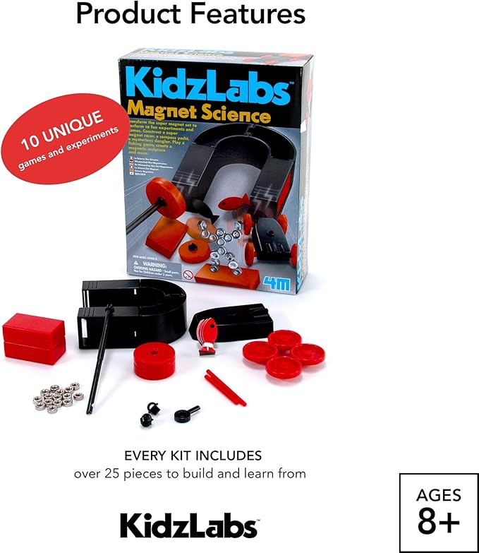 4M Magnet Science Kit - 10 Magnetic Experiments & Games (over 25 pieces to Build & STEM Learn From) - Power the Racer with a Magnet, Levitate a Magnet, Magnetic Yacht & Fishing, Boys & Girls, Age 8+
