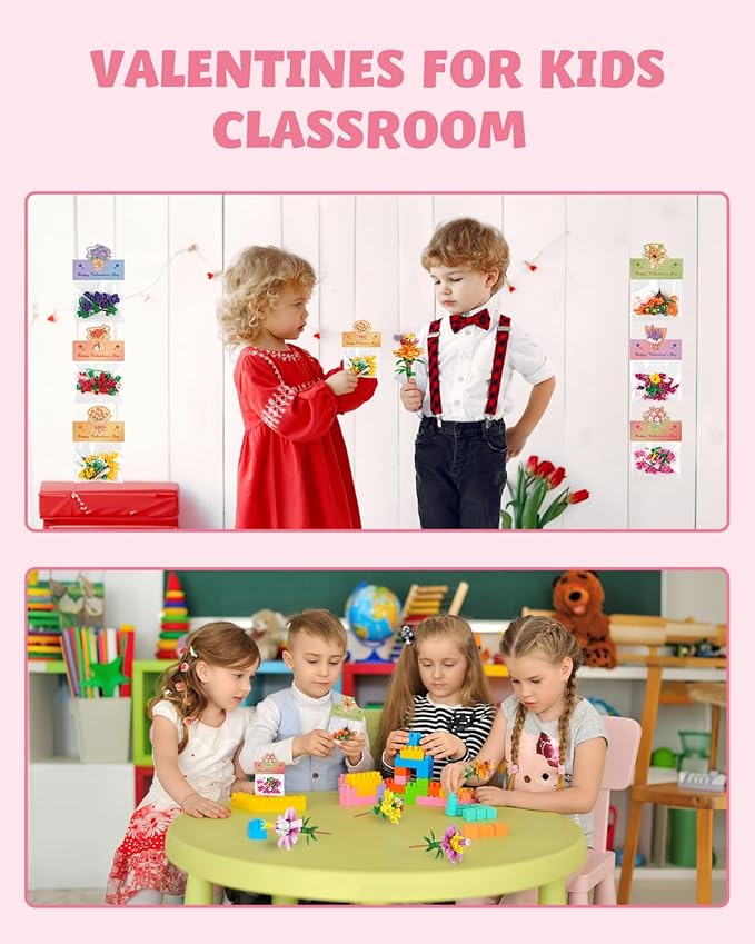 24 Pack Valentine's Flower Bouquets Building Blocks - Ideal for Kids Classroom Exchange, Party Favors, and School Gifts, includes Greeting Cards & Variety Designs for Boys and Girls