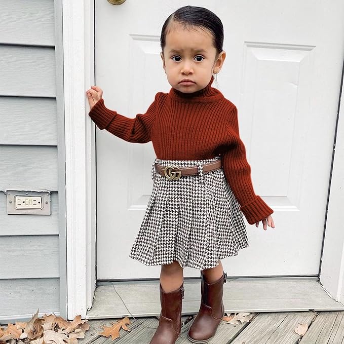 Fernvia Toddler Baby Girl Fall Winter Skirt Set Turtleneck Ribbed Long Sleeve T-Shirt Top & Plaid Skirts Dress 2Pcs Outfits