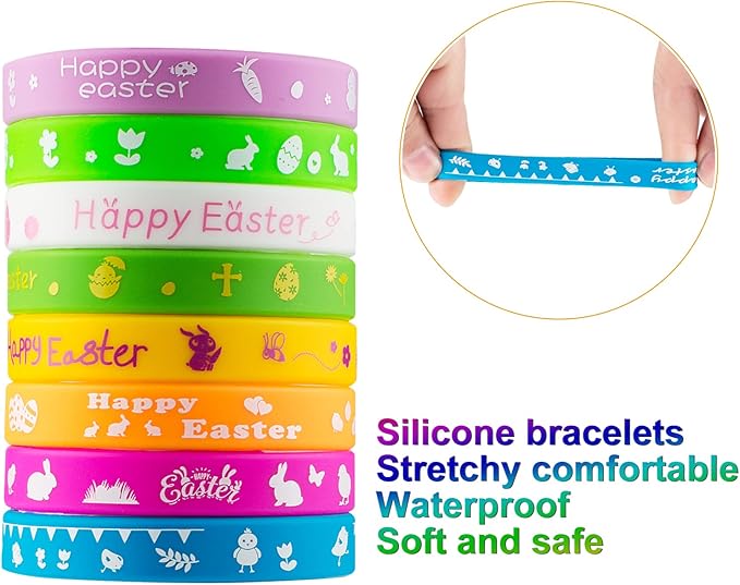 24pcs Easter Rubber Bracelets Silicone Wristbands for Easter Party Favors Supplies Rubber Bracelets for kids&teens Gifts Easter Egg Fillers Gifts for Girls Boys Basket Stuffers Accessories
