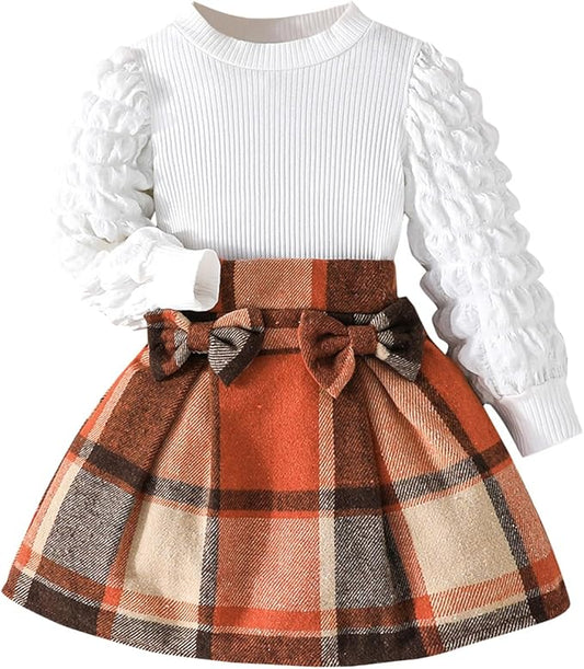 Fernvia Toddler Baby Girl Fall Winter Skirt Set Turtleneck Ribbed Long Sleeve T-Shirt Top & Plaid Skirts Dress 2Pcs Outfits