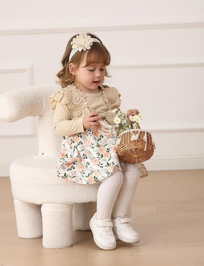 Baby Girl Dress Fall Flower Ruffle with Lace Headband Toddler Girls 3M-3T Infant Dresses Winter Baby Girl Clothes
