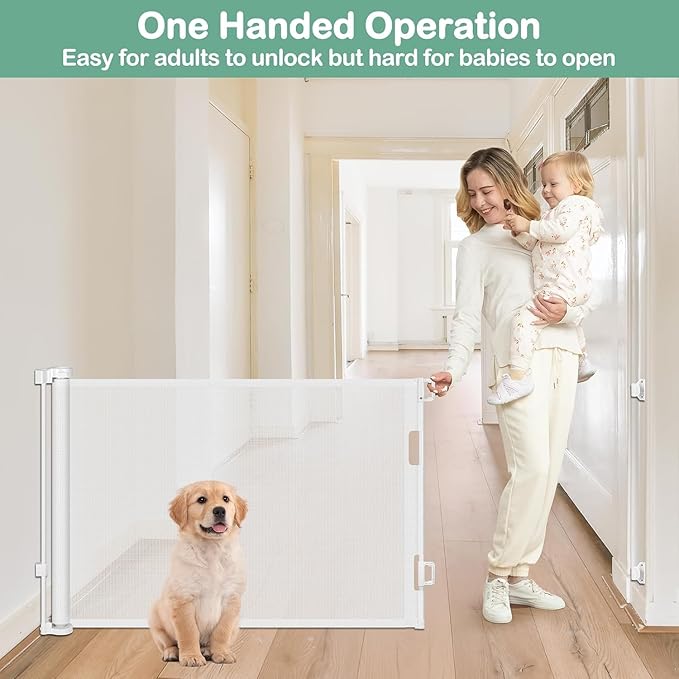 55 Inch Retractable Baby Gates for Dogs Indoor Retractable Dog Gates for The House Retractable Gate for Kids Outdoor Dog Gate for Decks Pet Gate for Stair Deck Gate Child Gate for Doorways (White)
