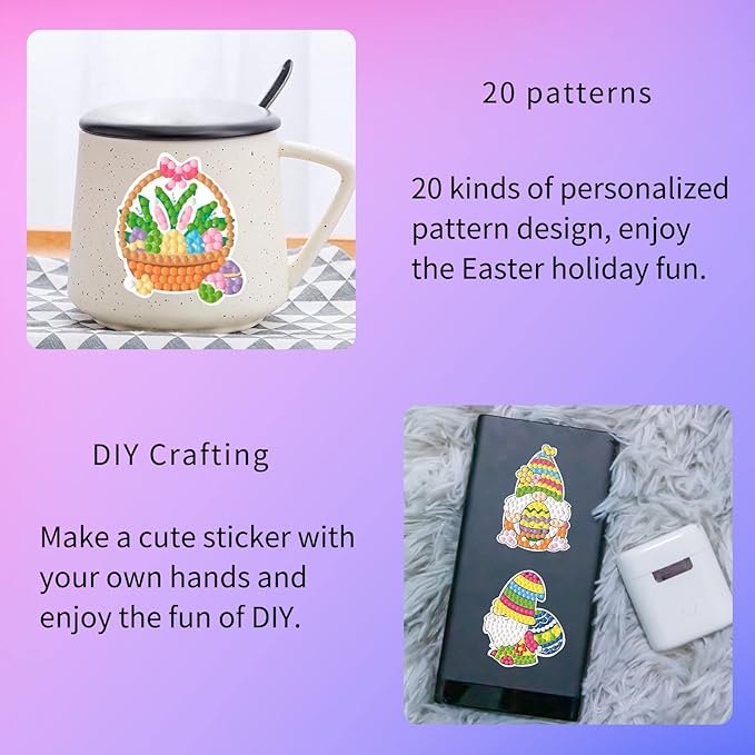 5D DIY Diamond Art Painting Stickers Kits for Kids, Diamond Mosaic Stickers by Numbers Kits Crafts Set for Children, Boys and Girls,Creative Handmade Art Craft Gift (Easter-3)