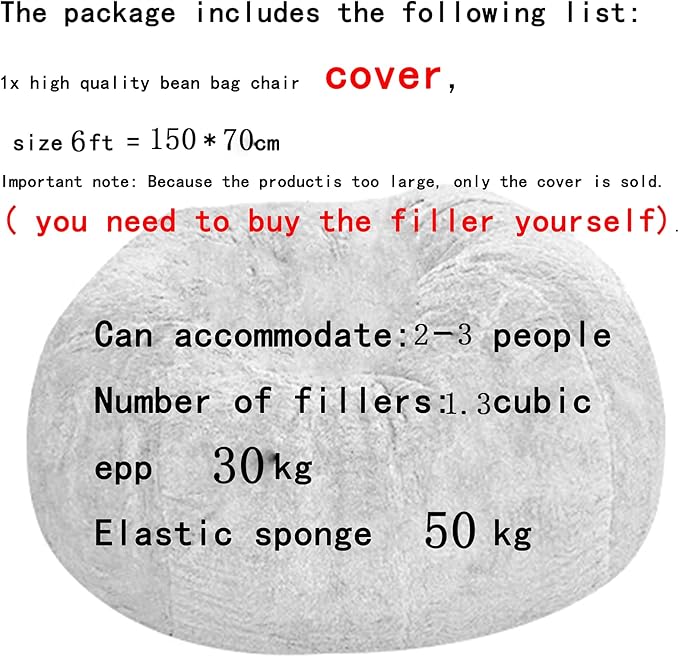 Giant Fur Bean Bag Cover (Cover only, no Filler) Living Room Furniture Big Round Soft and Fluffy Artificial Fur Bean Bag Lazy Sofa Bed Cover (6FT+New Light Gray)