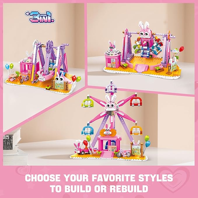 3 in 1 Easter Bunny Amusement Park Building Set, 823 PCS Rebuildable Ferris Wheel Rocking Hammer & Boat, Compatible with Lego Friends, Ideas Birthday Gift Toy for Kids Girls Age 6-12