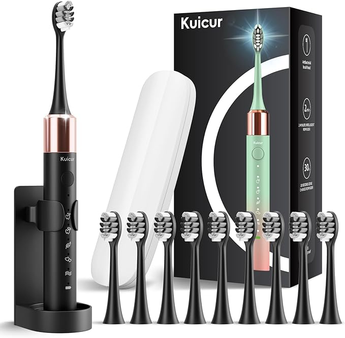 Sonic Electric Toothbrush for Adults and Kids, Comes with 10 Brush Heads & Travel Case, 5 Modes with 2 Minutes Built in Smart Timer, One Charge for 90 Days, 42,000 VPM Motor (Black)