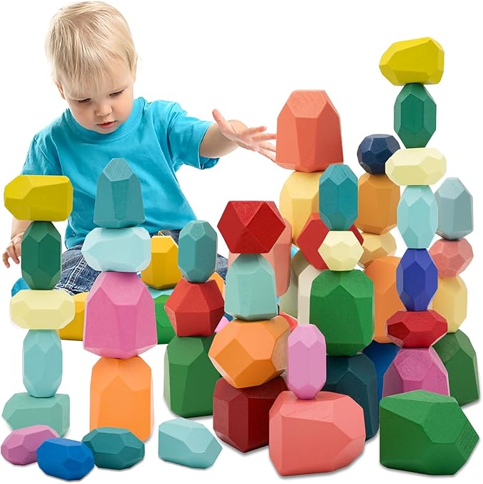 39PCS Montessori Wooden Stacking Rocks Toys Colorful Stacking Stones Building Blocks Games Sensory Toy for Toddlers Educational Learning Toys for 1 2 3 4 5 6 Years Old Kids