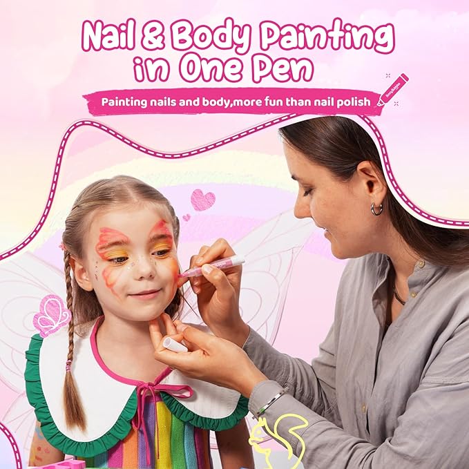 Kids Makeup Sets for Girls Nail & Body Art Pens Kits, 27Pcs Washable Temporary Tattoo Pen Sets, Cosmetic Party,Girls Makeup Kits for Ages 3-12 Years,Ideal Winter Gift & Creative Toys