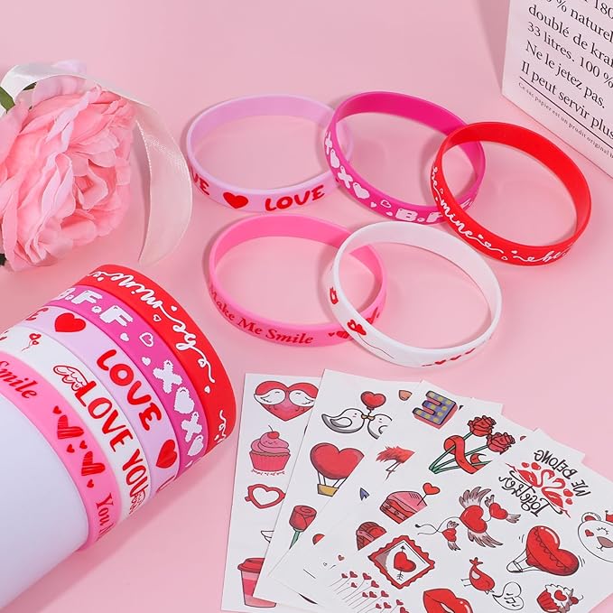 40Pcs Valentine's Day Bracelets with Temporary Tattoos Party Favors Kids for Women Men Girls Boys