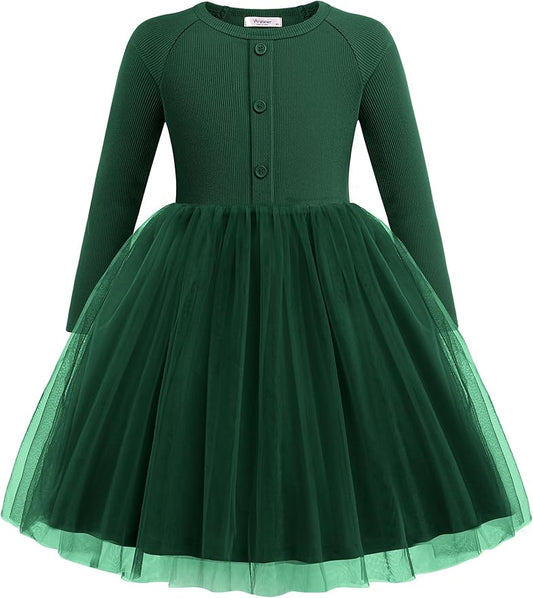 Arshiner Toddler Girls Tutu Dress Long Sleeve Fall Winter Button Front Party Tulle Dresses 2-8Y
