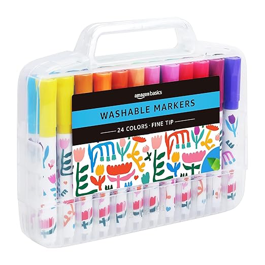 Amazon Basics Washable Markers for Kids, Fine Tip Assorted, Pack 24