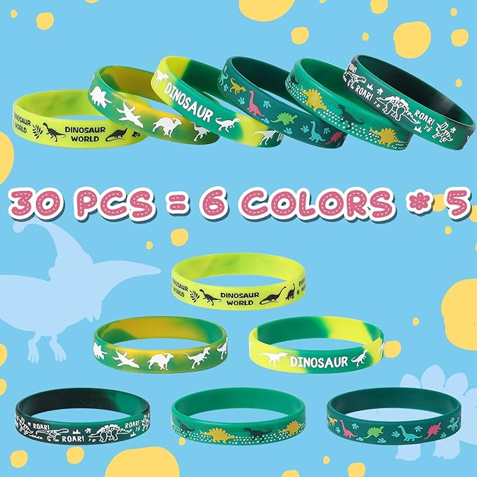 30 PCS Dinosaur Rubber Wristbands Realistic Dinosaurs World Silicone Bracelets Stretch Unisex Wristbands Teens Classroom Award Prize Gifts Party Favors Bags Stuffers