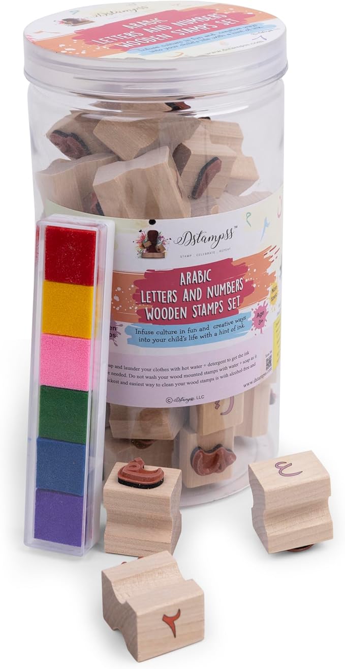 Arabic Alphabets & Number Wooden Stamps with Ink Pad in Jar– Educational Learning & Development Tool for Kids – Fun Montessori Arabic Language & Number Recognition Set for Toddlers & Preschoolers