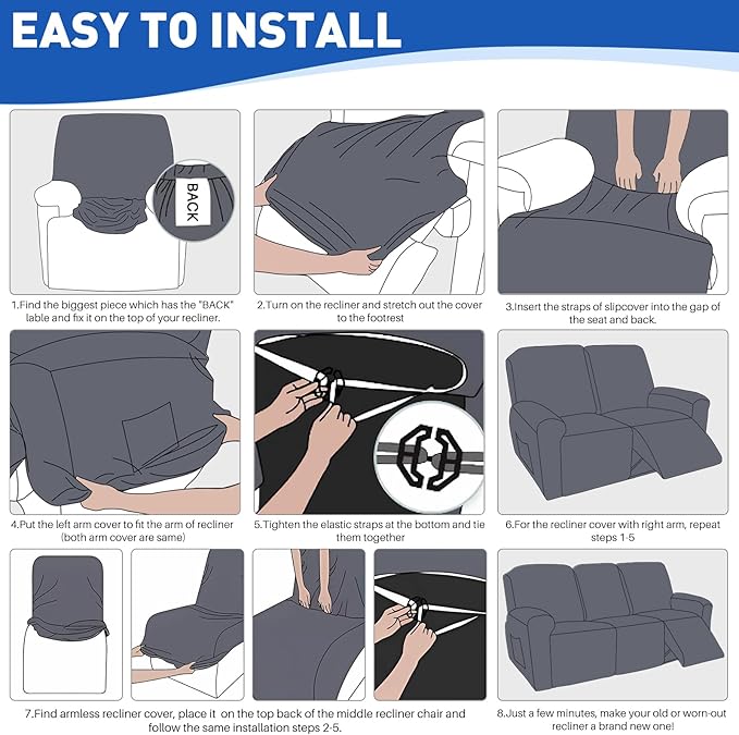 MAXIJIN Waterproof Recliner Couch Cover 5 Pieces Recliner Sofa Covers 3 Seater, Reclining Couch Furniture Protector with Elastic Straps & Pockets for Pet, Kids (Sofa Recliner, Khaki)