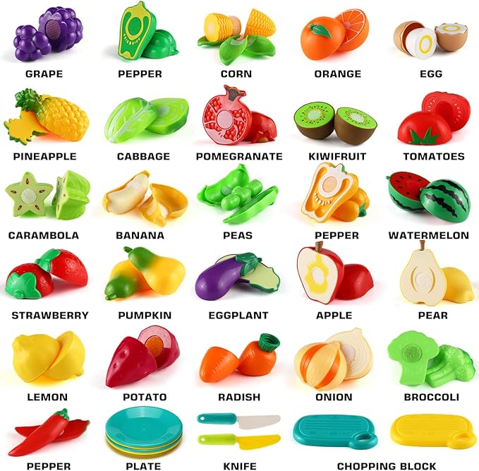 70 PCS Cutting Play Food Toy for Kids Kitchen, Pretend Fruit &Vegetables Accessories with Shopping Storage Basket, Plastic Mini Dishes and Knife, Educational Toy for Toddler Children Birthday Gift