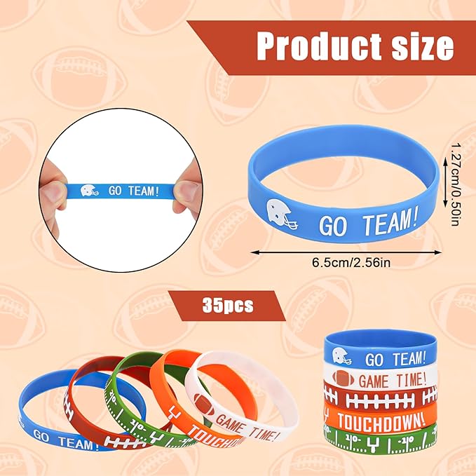 35pcs Football Bracelets, 5 Styles Silicone Football Theme Bracelets Soft Stretch Motivational Sports Wristbands Party Favors for Boys Football Team Birthday Game Event