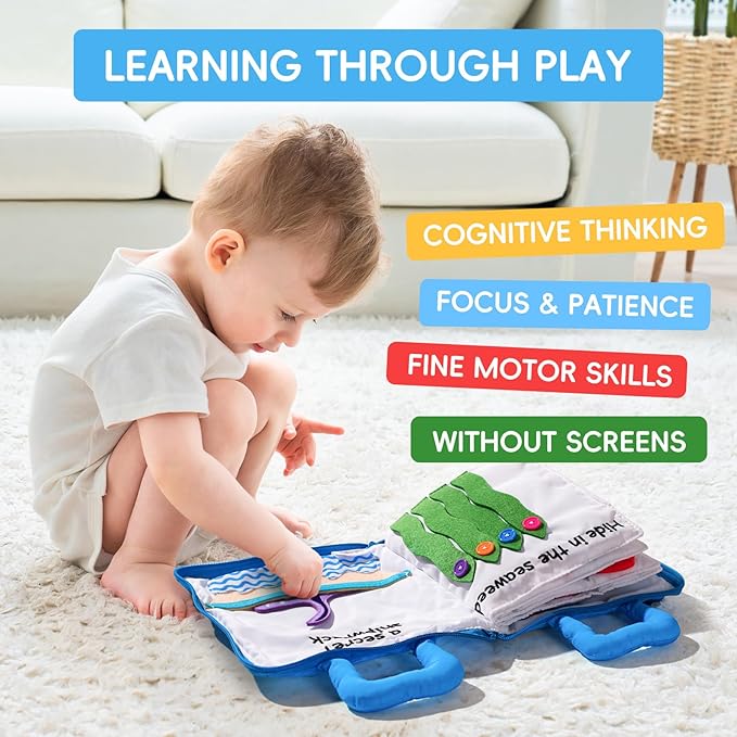 Jollybaby Quiet Book for Toddlers - Montessori Basic Skills Activity Toys - Preschool Learning Soft Travel Toy & Sensory Educational Busy Book for 1-3 Year Old Boys & Girls + Zipper Bag(Wathet)