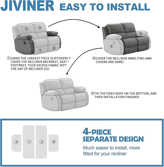 JIVINER 4 Pieces Recliner Loveseat Covers Stretch Recliner Sofa Slipcover with Elastic Bottom Jacquard Fitted Reclining Couch Cover Furniture Protector with Pockets (2 Seater, Beige)