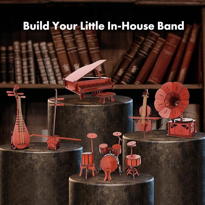 6-in-1 3D Puzzles Music Instrument Set for Adults/Kids with Piano, Gramophone, Drum-kit, Cello, Erhu, and Pipa, for Wooden Decorations, Wood Craft Jigsaw Puzzle for 6 Age up