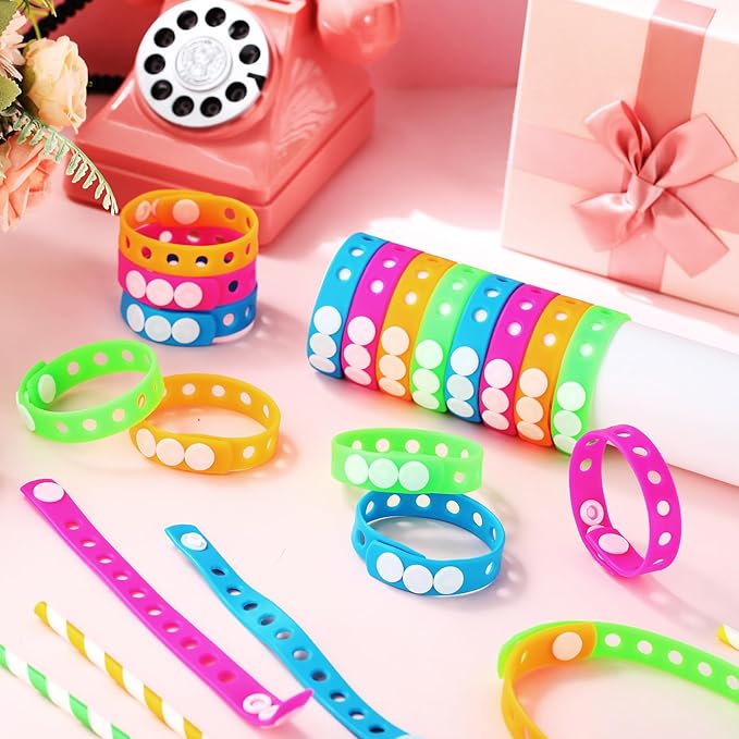 60 Pcs Silicone Kids Bracelets Neon Wristband 8 Inch Adjustable Rubber Charm Wristband with Holes for Shoe Charm Birthday Party Gifts School DIY Craft Goodie Bag Stuffer, 4 Colors