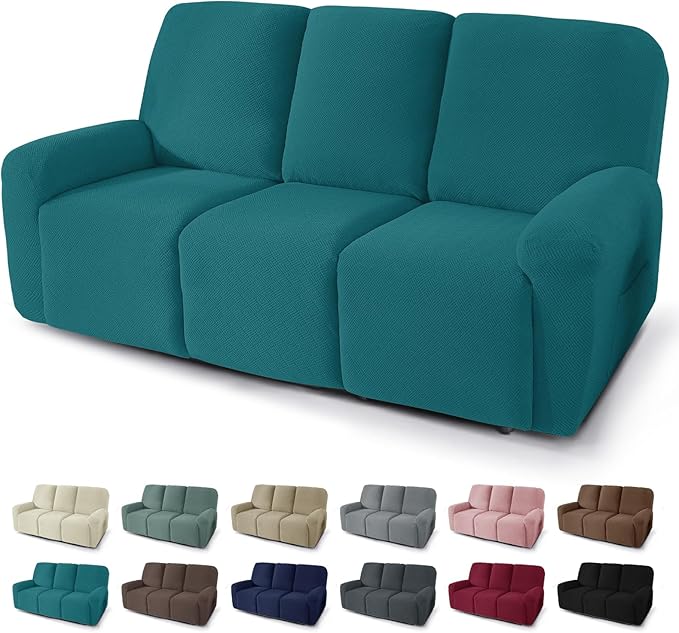 JIVINER 5 Pieces Recliner Sofa Covers Stretch Recliner Sofa Slipcover with Elastic Bottom Jacquard Fitted Reclining 3 Cushion Couch Cover Furniture Protector with Pockets (3 Seater, Teal)