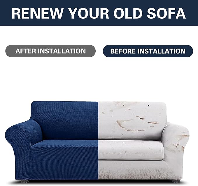 2025 New Stretch Sofa Slipcovers Couch Cover for 3 Cushion Furniture Protector Sofa Covers with Elastic Bottom Jacquard Fabric Small Checks for Pets, Kids -Sofa, Classic Blue