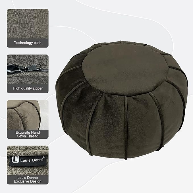 Louis Donné Unstuffed Ottoman Pouf Cover, Eco-Friendly Fabric Pouf Ottoman Bean Bag with Storage Solution for Bedroom, Round Foot Stools for Seating Poufs for Living Room Camper（Olive Green）