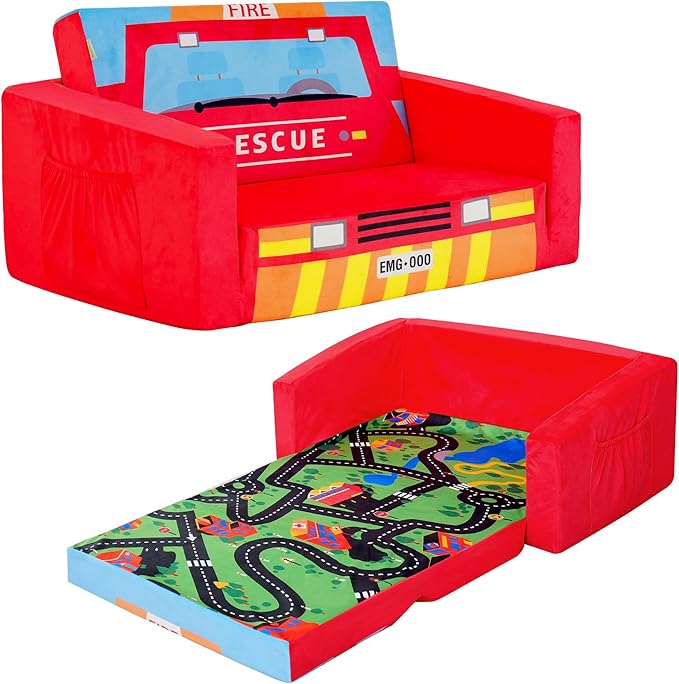 MallBest Kids Sofas, Extra Wide Toddler Couch Bed - 2 in 1 Baby Convertible Foam Chair to Lounger,Toddler Couch for Boys and Girls,Red/Fire Truck