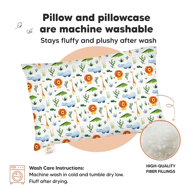 Toddler Pillow with Pillowcase - 13x18 My Little Dreamy Pillow, Organic Cotton Toddler Pillows for Sleeping, Kids Pillow, Travel Pillows, Mini Pillow, Nursery Pillow, Toddler Bed Pillow (Zoo)