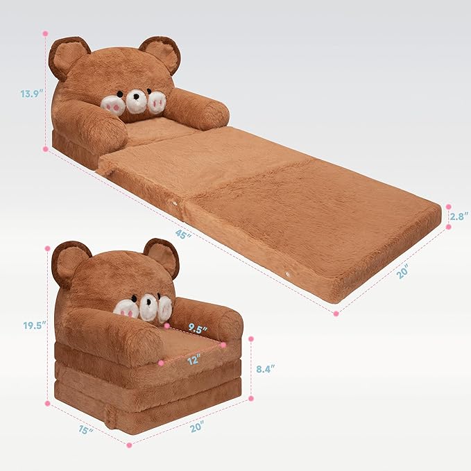 MONKISS 2-in-1 Toddler Couch Bear Chairs Comfy, Kids Chair Couch, Mini Couch, Flip Out Sherpa Kids Sofa, Baby Couch, Chair for Toddlers 1-3, Kids Lounge Chair Reading Chair, Kids Couch Bed Fold Out