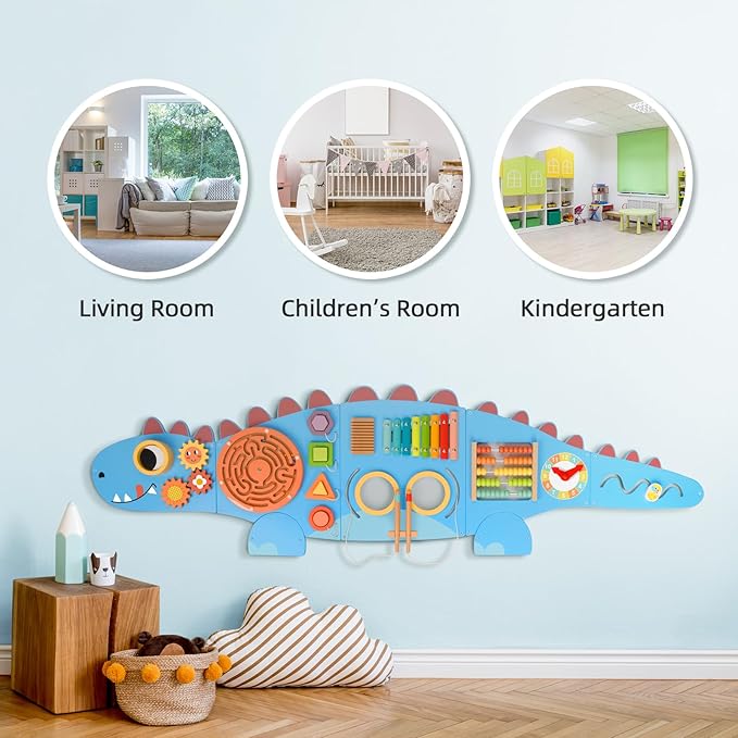 Dinosaur Sensory Wall Panel for Kids,10-in-1 Wall Toys for Toddlers, Montessori Busy Board,Toddler Playroom Bedroom Decor