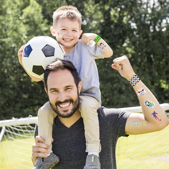 132Pcs Soccer Party Favors,12Pcs Soccer Drawstring Bags,12Pcs 2.4 Inch Mini Soccer with Soccer Keychains Stickers Bracelet Whistle Slap Bracelets Tattoo Stickers for Soccer Party Decorations Supplies