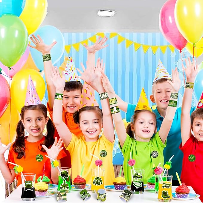 74 PCS Army Party Favors, 24 PCS Military Camo Slap Bracelets 50 PCS Army Stickers Army Birthday Party Decorations Supplies Gifts for Kids Classroom Rewards