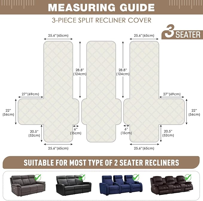 TAOCOCO 100% Waterproof Recliner Sofa Covers 3 Seater Split Couch Covers for 3 Cushion Reclining Couch with Straps, Non Slip Reclining Sofa Covers Furniture Protector for Kids Pets(3 Seater, Brown)