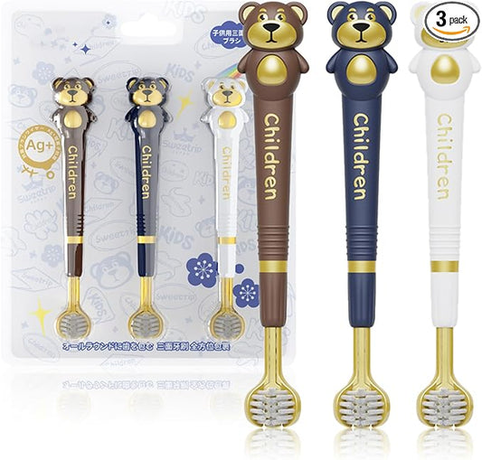 3 Sided Toothbrush for Kids, Japanese Design Triple-Angle Toothhugger, Cartoon Bear Design Sensory Toothbrush for Toddlers, Kids Toothbrush for Aged 3-12, Soft Bristles for Gentle Gum Care (3Pack)