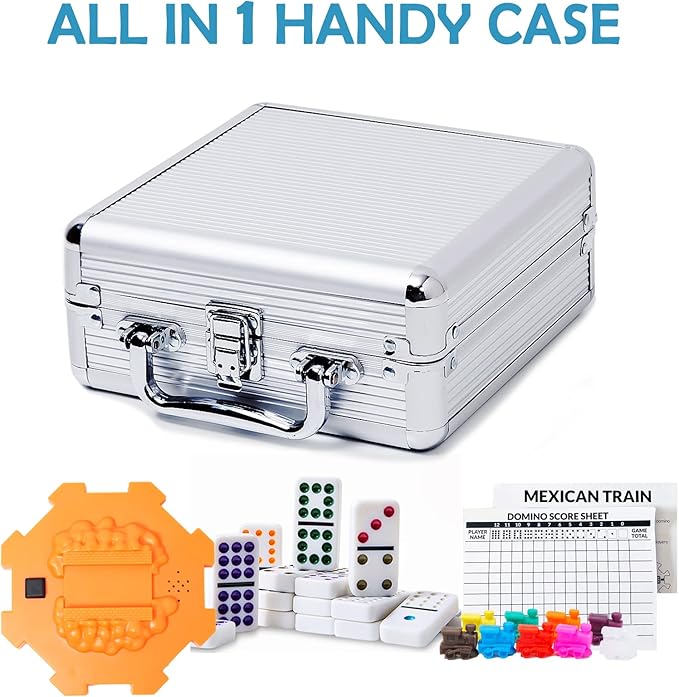 Yinlo Mexican Train Dominoes Set, Double 12 Dominoes Set: Colorful Dot Pips, Real Train Sound Effect Hub, Score Pad and 9 Colorful Trains, 91 Tiles Domino Game Set