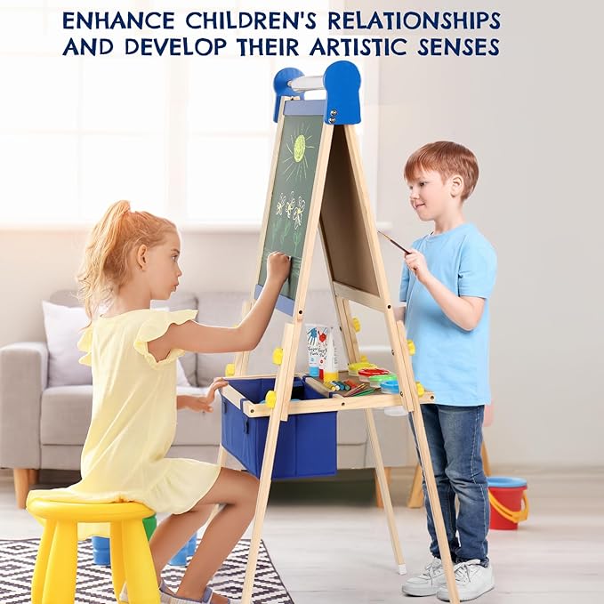 Kids Easel 3-1,Magnetic Chalkboard & Whiteboard, Paper Painting, Big Storage with Canvas Bag, Painting Sets with Finger Paints,Chalks,Brushes,Number Letters Magnets, Apron, Gift for Kids, Blue