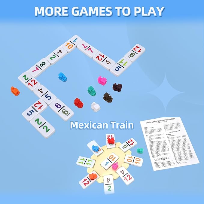 Mexican Train Dominoes Set Numbers, Double 12 Dominoes Set with 91 Colored Tiles and Protable Case, Travel Number Domino Set for Kids, Adults Family Board Team Games