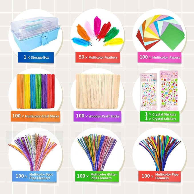 1405 Pcs Art and Craft Supplies for Kids, Toddler DIY Craft Art Supply Set Included Pipe Cleaners, Pom Poms, Feather, Folding Storage Box - All in One for Craft DIY Art Supplies, Light Blue