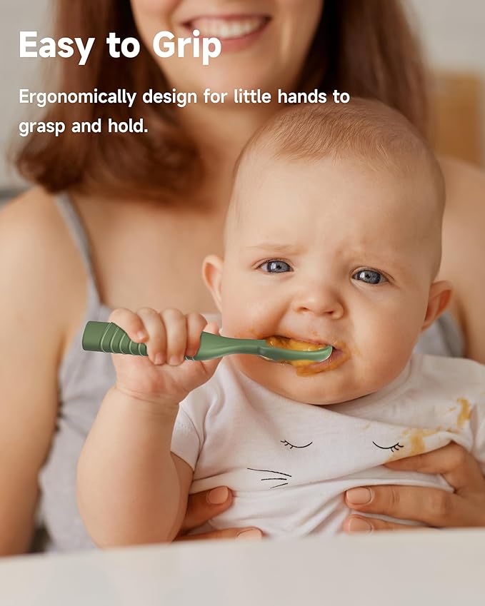 4 Pack Baby Spoons, First Stage Spoons, Food Grade Silicone, 6+ Months, Teething for Self Feeding, Toddler Utensils for Baby Led Weaning, BPA Free