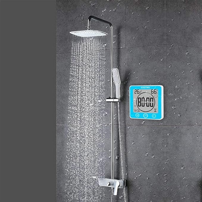 Digital Shower Clock, Bathroom Timer Clock, Waterproof for Water Spray, Count Up Count Down Alarm, Touch Screen Timer, Temperature Humidity, Wall Clock Magnet, Suction Cup, Hanging, Stand Blue