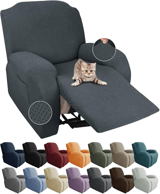 JIVINER Stretch Recliner Chair Covers with Pocket 4 Piece Chair Covers for Reclining Chair Furniture Protector Soft Recliner Cover with Elastic Bottom (Recliner, Dark Gray)